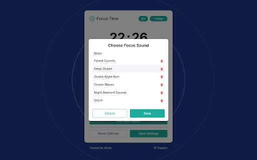 Focus Waves Pomodoro Timer with Custom Ambient Sounds  from Chrome web store to be run with OffiDocs Chromium online
