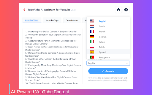 Free Ai Youtube Video Title Generator  from Chrome web store to be run with OffiDocs Chromium online