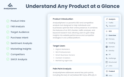 Free All in One SEO and Website Traffic Analysis Tool by AnalyzeSphere  from Chrome web store to be run with OffiDocs Chromium online