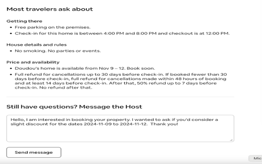 FullHouse Travel Cheaper AirBnB Discount Requester  from Chrome web store to be run with OffiDocs Chromium online