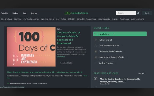 GeeksforGeeks Dark Mode da Chrome Web Store para ser executado com OffiDocs Chromium online