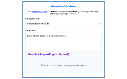 Gema369.com [Gematria Calculator]  from Chrome web store to be run with OffiDocs Chromium online