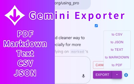 Gemini Exporter: Save Gemini as PDF, MD and more  from Chrome web store to be run with OffiDocs Chromium online