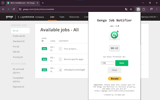Gengo Job Notifier  from Chrome web store to be run with OffiDocs Chromium online