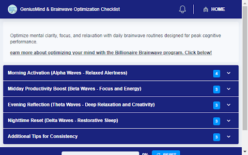 GeniusMind  Brainwave Optimization Checklist  from Chrome web store to be run with OffiDocs Chromium online