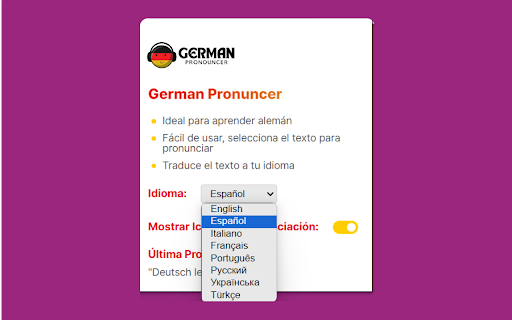 German Pronouncer Extension from Chrome web store to be run with OffiDocs Chromium online German Pronouncer Extension from Chrome web store to be run with OffiDocs Chromium online