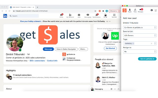 GetSales.io Collect Leads  Export to CRM  from Chrome web store to be run with OffiDocs Chromium online