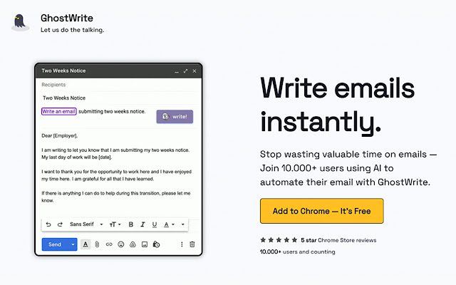Ghostwrite: AI Email Assistant from Chrome web store to be run with OffiDocs Chromium online Ghostwrite: AI Email Assistant from Chrome web store to be run with OffiDocs Chromium online