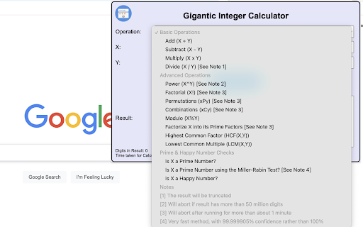 Gigantic Integer Calculator  from Chrome web store to be run with OffiDocs Chromium online