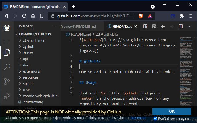 OffiDocs Chromium オンラインで実行するには Chrome ウェブストアから github1s1click