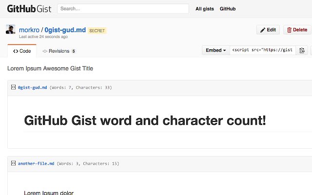 GitHub Gist Word Count  from Chrome web store to be run with OffiDocs Chromium online