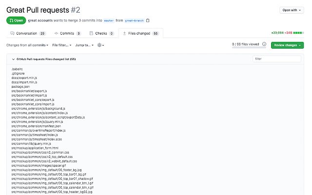 GitHub Pull richiede che l'elenco dei file modificati dal Chrome Web Store venga eseguito con OffiDocs Chromium online