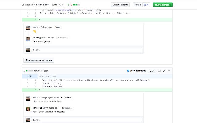 Github Quiet Comment  from Chrome web store to be run with OffiDocs Chromium online