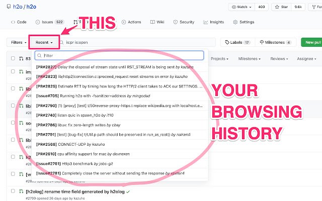 GitHub Onlangs bekeken PR's/problemen uit de Chrome-webwinkel voor uitvoering met OffiDocs Chromium online