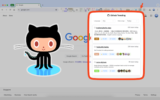 Github trending  from Chrome web store to be run with OffiDocs Chromium online