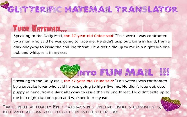 Glitterific Hatemail Translator from Chrome web store to be run with OffiDocs Chromium online Glitterific Hatemail Translator from Chrome web store to be run with OffiDocs Chromium online