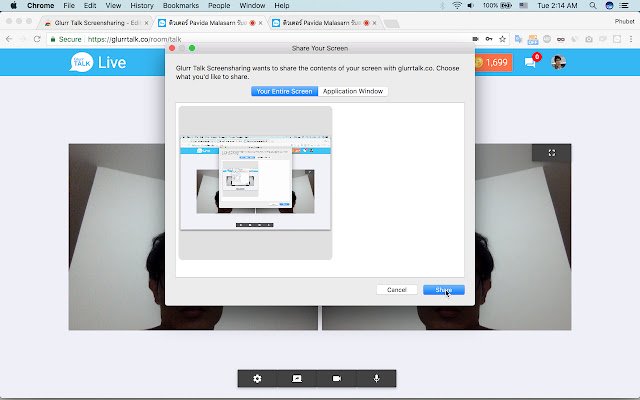 Udostępnianie ekranu Glurr Talk ze sklepu internetowego Chrome do uruchomienia z OffiDocs Chromium online