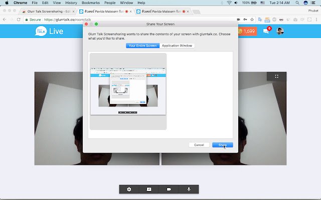 การแชร์หน้าจอ Glurr Talk จาก Chrome เว็บสโตร์เพื่อใช้งานร่วมกับ OffiDocs Chromium ออนไลน์