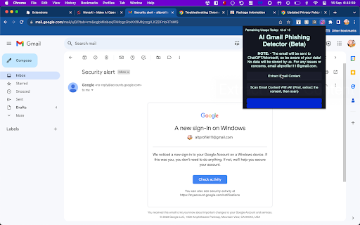 Gmail AI Malware Phishing Detector from Chrome web store to be run with OffiDocs Chromium online Gmail AI Malware Phishing Detector from Chrome web store to be run with OffiDocs Chromium online