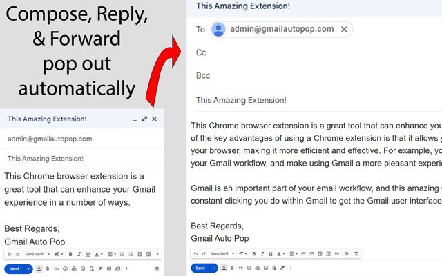Gmail Auto Pop Out Reply Forward הצג CC BCC מחנות האינטרנט של Chrome להפעלה עם OffiDocs Chromium מקוון