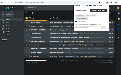 Gmail Dark Mode Dark theme for better eyesight  from Chrome web store to be run with OffiDocs Chromium online