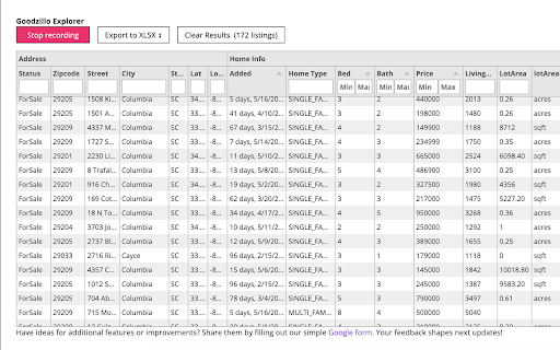 Goodzillo Explorer Zillow data export to Excel  from Chrome web store to be run with OffiDocs Chromium online