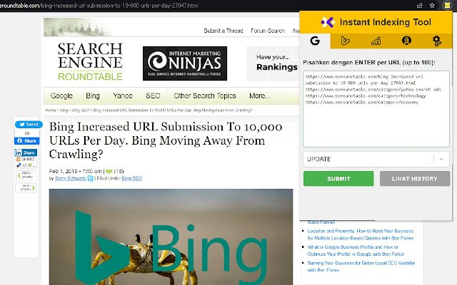 Chrome ウェブストアの Google および Bing Instant Indexing Tool を OffiDocs Chromium online で実行