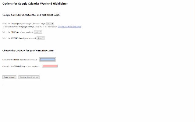 Google Calendar Weekend Highlighter  from Chrome web store to be run with OffiDocs Chromium online
