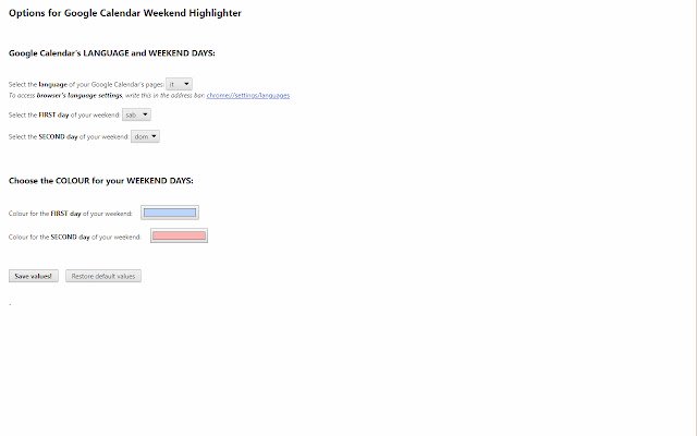 Google Calendar Weekend Highlighter de la boutique en ligne Chrome à exécuter avec OffiDocs Chromium en ligne