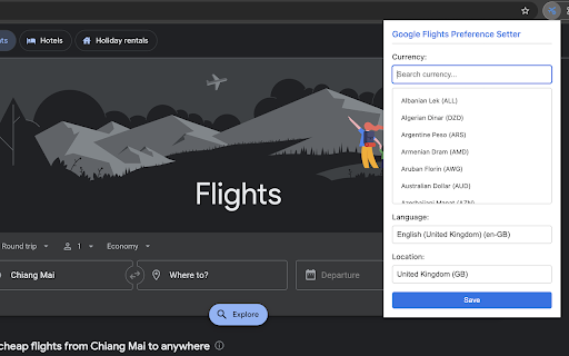 Google Flights Preference Setter  from Chrome web store to be run with OffiDocs Chromium online