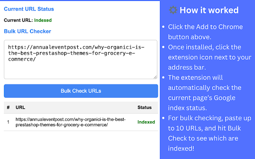 Google Index Checker  from Chrome web store to be run with OffiDocs Chromium online