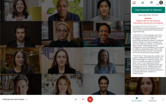 Google Meet Plus Meeting Transcripts  from Chrome web store to be run with OffiDocs Chromium online