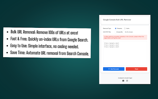 Google Search Console Bulk URL Removal Un Indexing Request  from Chrome web store to be run with OffiDocs Chromium online