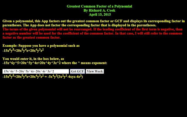 Greatest Common Factor of a Polynomial  from Chrome web store to be run with OffiDocs Chromium online