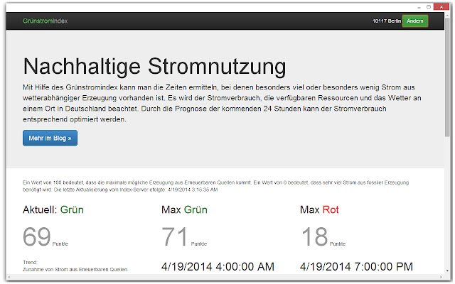 Grünstromindex Nachhaltig Strom verbrauchen  from Chrome web store to be run with OffiDocs Chromium online