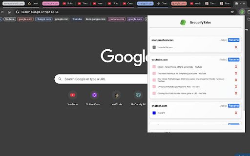 GroupifyTabs  from Chrome web store to be run with OffiDocs Chromium online