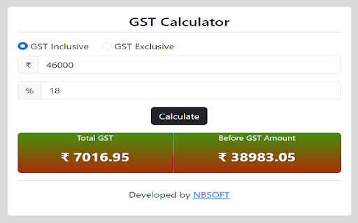 GST Calculator NBSOFT  from Chrome web store to be run with OffiDocs Chromium online