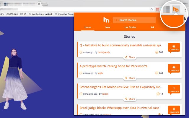 Hacker News Browser mula sa Chrome web store na tatakbo sa OffiDocs Chromium online