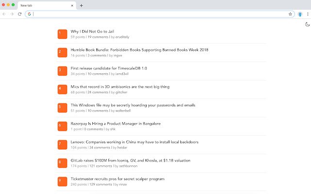 Hacker News in New Tab  from Chrome web store to be run with OffiDocs Chromium online