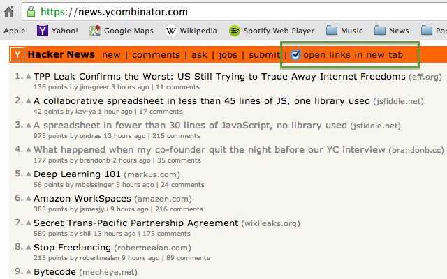 Hacker News New Tab Links  from Chrome web store to be run with OffiDocs Chromium online