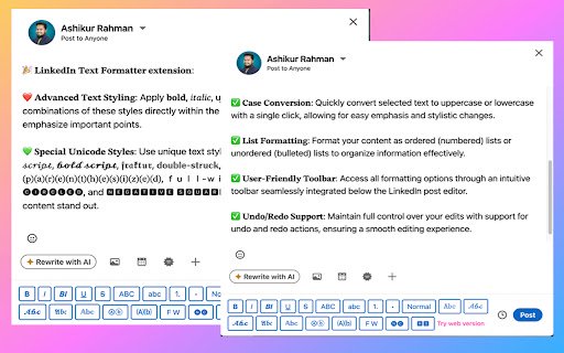 HappyInAi LinkedIn Text Formatter for Post Editor  from Chrome web store to be run with OffiDocs Chromium online
