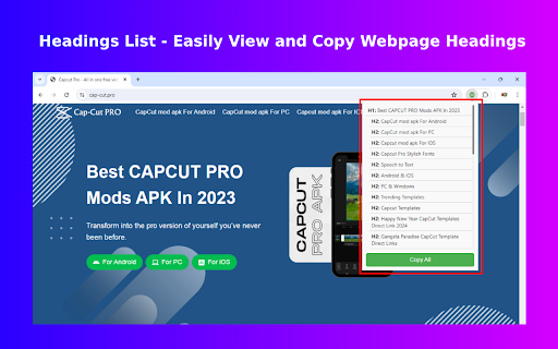 Headings List  from Chrome web store to be run with OffiDocs Chromium online