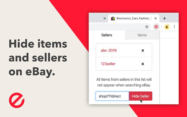 Sembunyikan Item dan Penjual eBay dari toko web Chrome untuk dijalankan dengan OffiDocs Chromium online