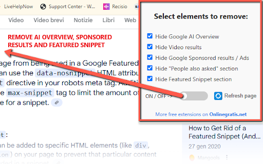 Hide Google AI Overview, Sponsored results and Snippet  from Chrome web store to be run with OffiDocs Chromium online