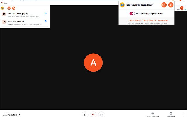 Blenden Sie Popups für Google Meet™ aus dem Chrome-Webshop aus, um sie mit OffiDocs Chromium online auszuführen