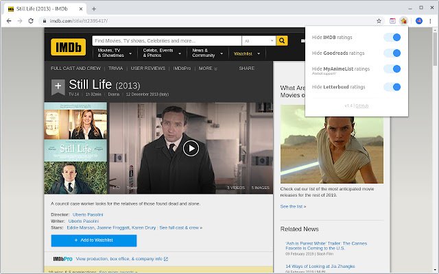 ซ่อนการให้คะแนน (IMDB, Goodreads, MyAnimeList,...) จาก Chrome เว็บสโตร์เพื่อเรียกใช้ด้วย OffiDocs Chromium ออนไลน์