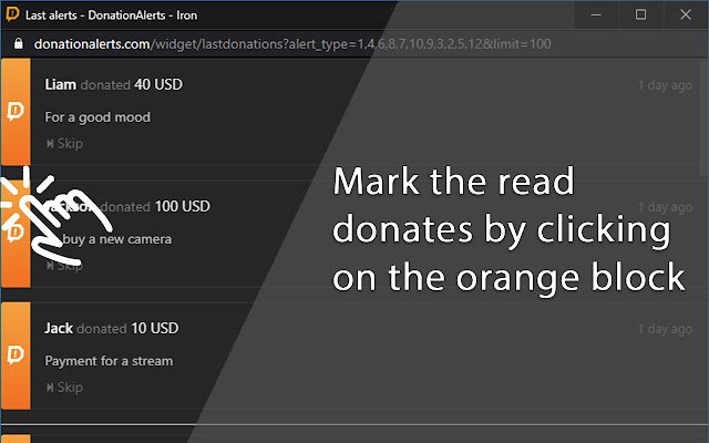 Hide read donates for DonationAlerts  from Chrome web store to be run with OffiDocs Chromium online