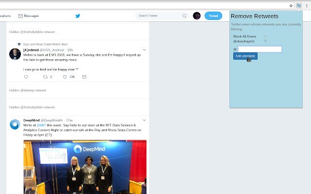 Hide Retweets  from Chrome web store to be run with OffiDocs Chromium online