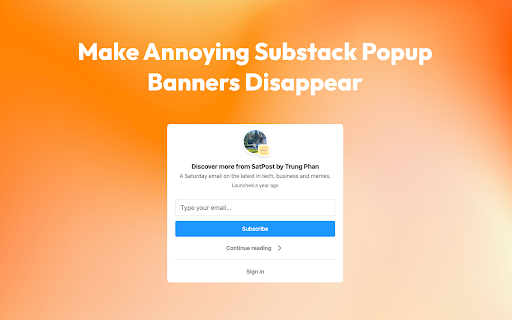 Hide Substack Popup Banner from Chrome web store to be run with OffiDocs Chromium online Hide Substack Popup Banner from Chrome web store to be run with OffiDocs Chromium online