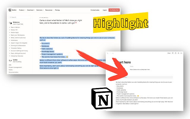 Highlightion Enregistrez les points forts dans Notion à partir de la boutique en ligne Chrome pour les exécuter avec OffiDocs Chromium en ligne.